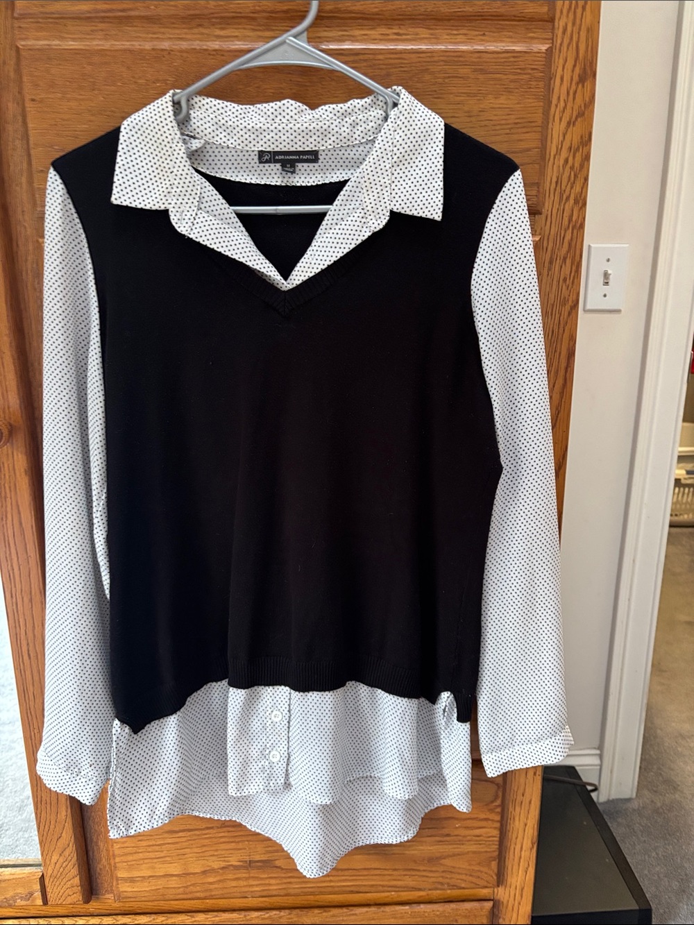 Adrianna Papell Black Knit Layered-Look Shirt with White Polka Dot Detail